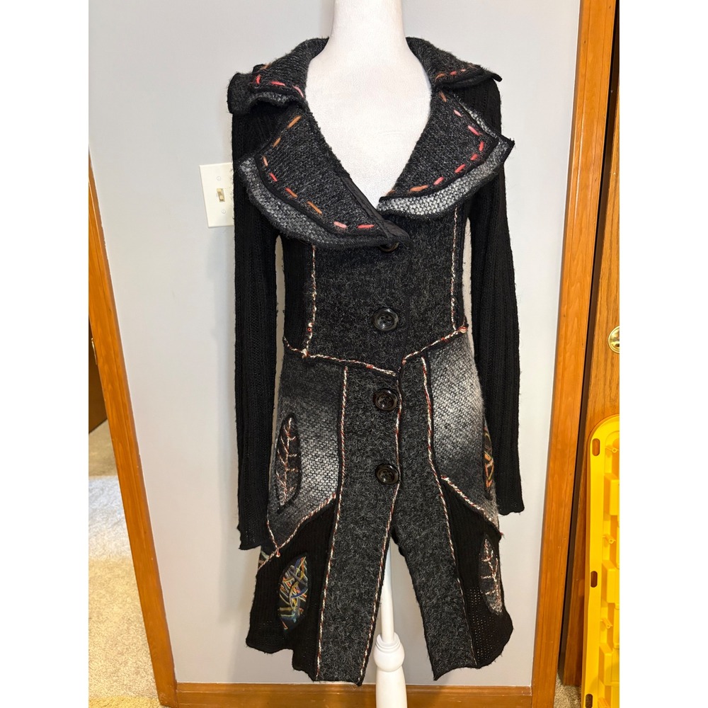 Sioni Wool Mohair Blend Patchwork Longline Cardigan Sweater Gypsy whimsigoth M